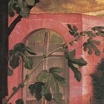 This is a detail from a picture displayed in the Museé,  part of a series Grünewald painted depicting the Nativity of Jesus. Mother and child are in a garden setting and in the background is a door containing a cross motif – a glimpse of the future awaiting the babe in arms.