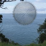 This free hanging metal sculpture was displayed in the ‘Sculpture on the Gulf’ event held on Waiheke Island, New Zealand, 2011. Virginia King describes her work: “The graduated hole sizes create an optical illusion, while the spiky edge of the form alludes to marine life forms, cell structures and industrial apparatus.”